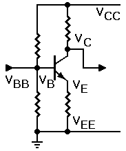 Schematic: NPN transistor amp with voltage names. On mouseover: PNP circuit.