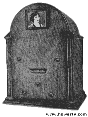 Photo: Front, 
       advanced mechanical TV set with crater tube, broadband shortwave band receiver and lens disc. 
       From Globe Television and Phone Corp., 1932.